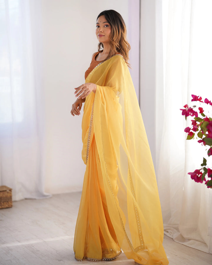 Designer Mustard Organza Saree for Party & Festive Wear