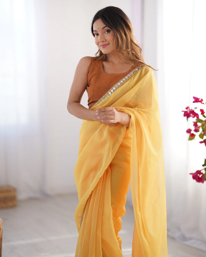 Designer Mustard Organza Saree for Party & Festive Wear