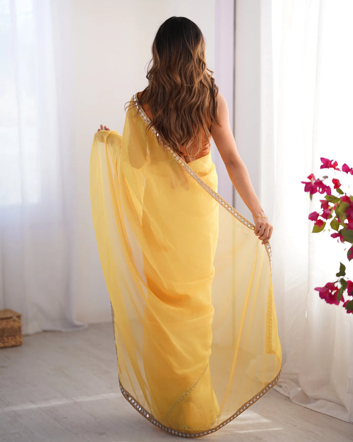 Designer Mustard Organza Saree for Party & Festive Wear