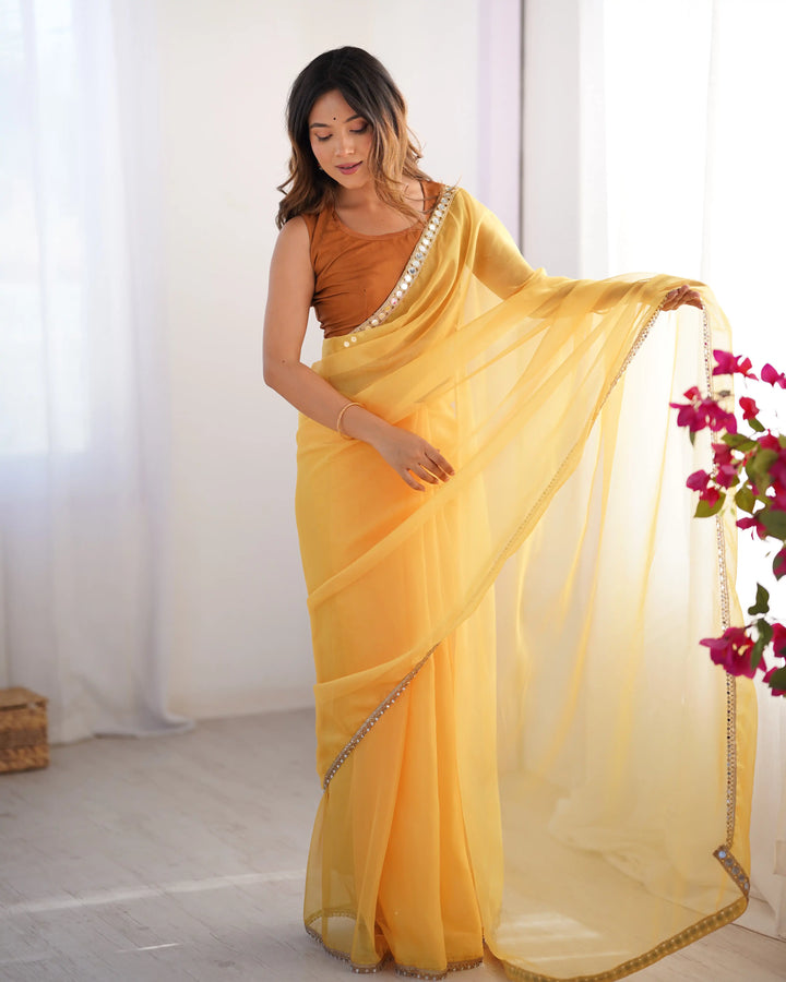 Designer Mustard Organza Saree for Party & Festive Wear