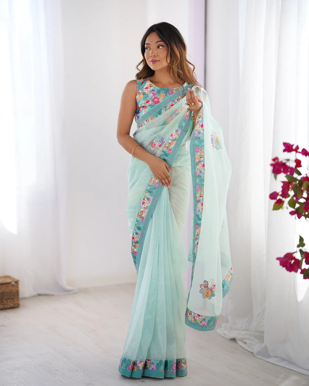 Sea Green Twill Net Designer Saree with Swarovski Work Blouse