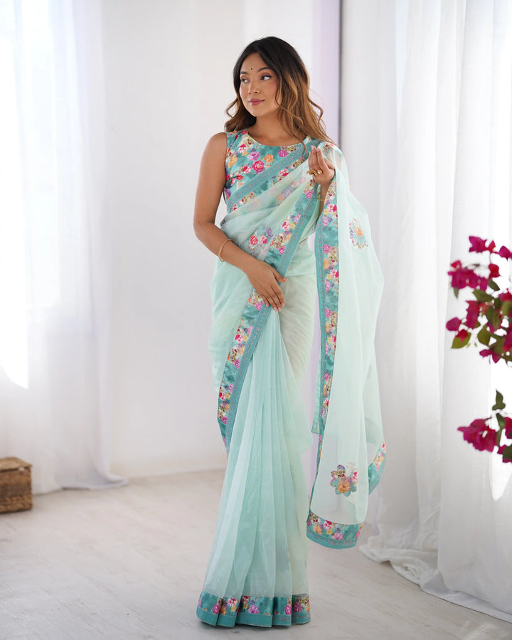 Sea Green Twill Net Designer Saree with Swarovski Work Blouse