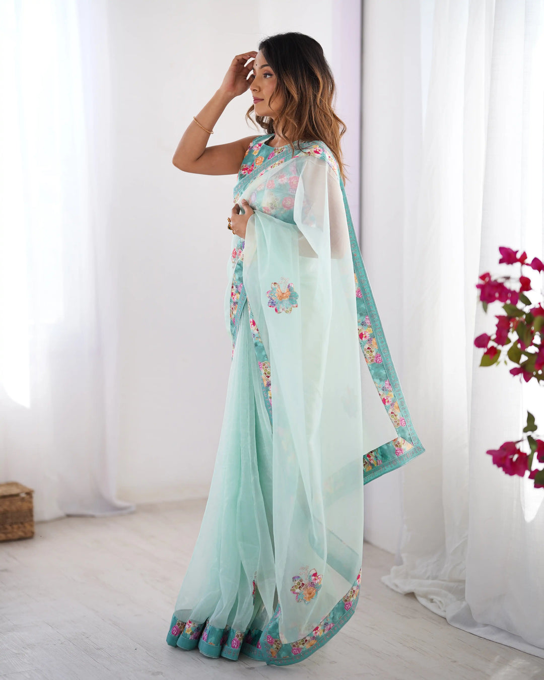 Sea Green Twill Net Designer Saree with Swarovski Work Blouse
