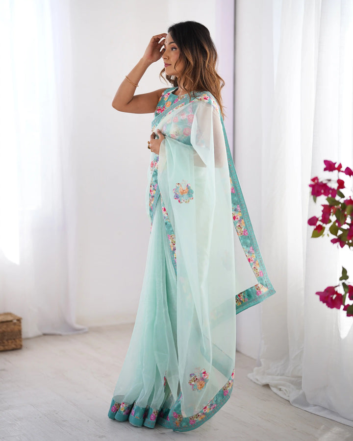 Sea Green Twill Net Designer Saree with Swarovski Work Blouse