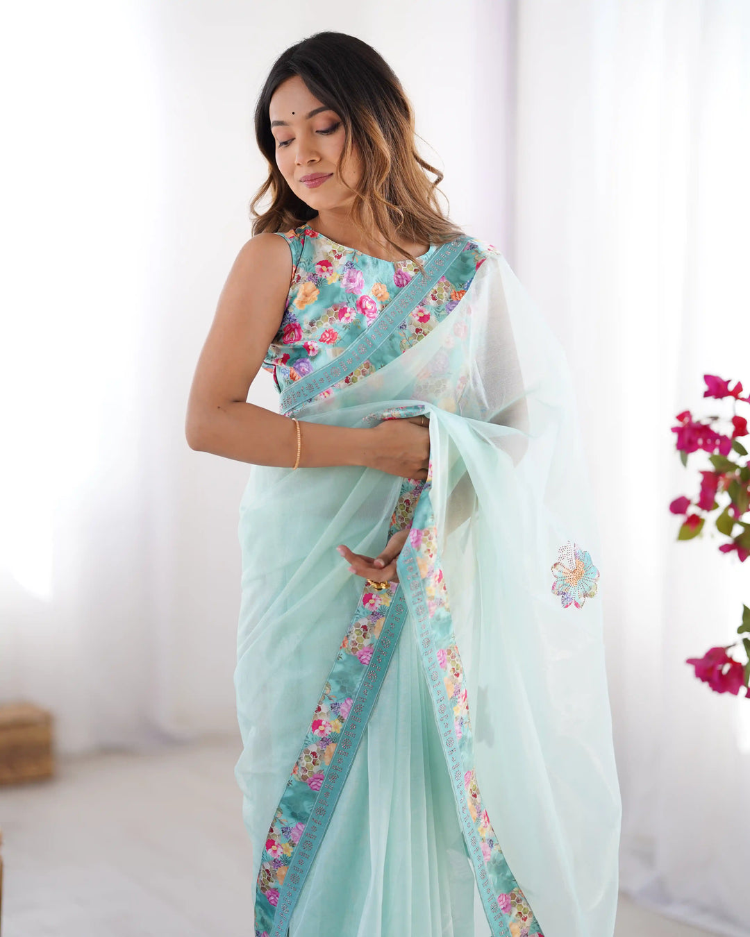 Sea Green Twill Net Designer Saree with Swarovski Work Blouse