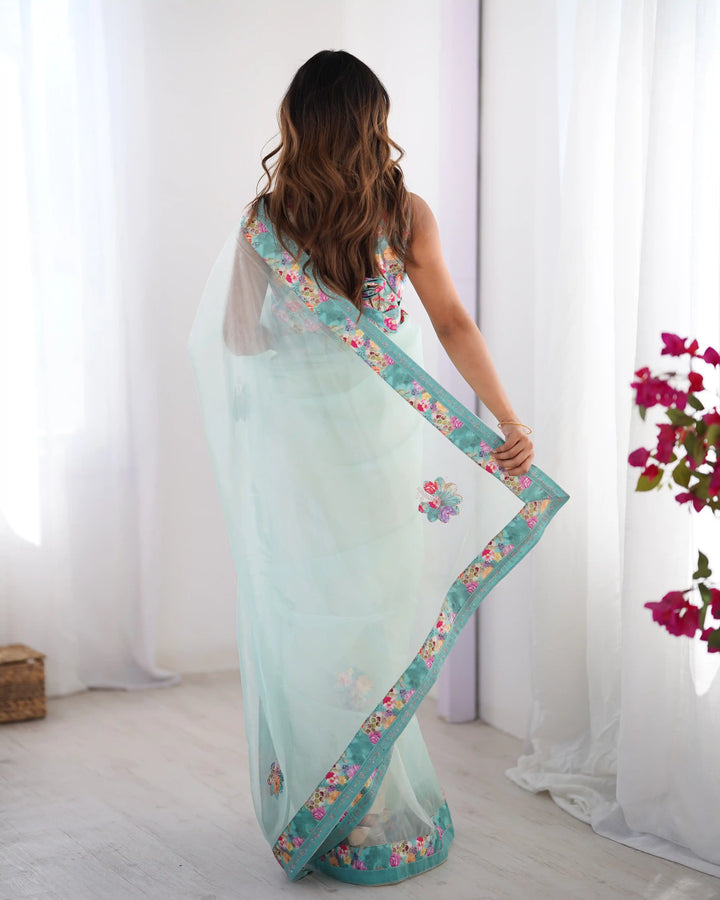 Sea Green Twill Net Designer Saree with Swarovski Work Blouse