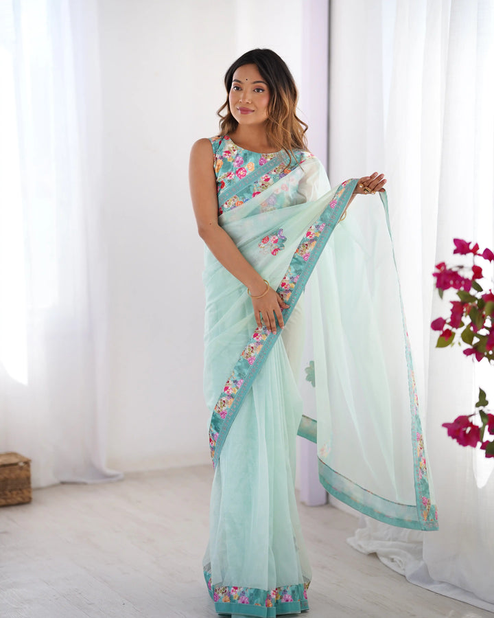 Sea Green Twill Net Designer Saree with Swarovski Work Blouse