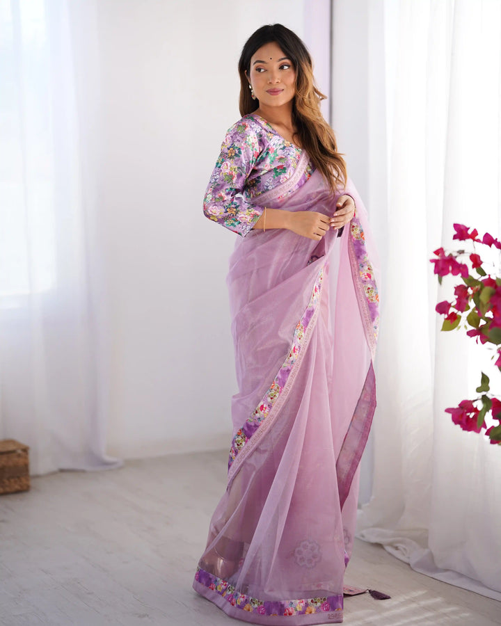 Light Purple Twill Net Designer Saree with Swarovski Work