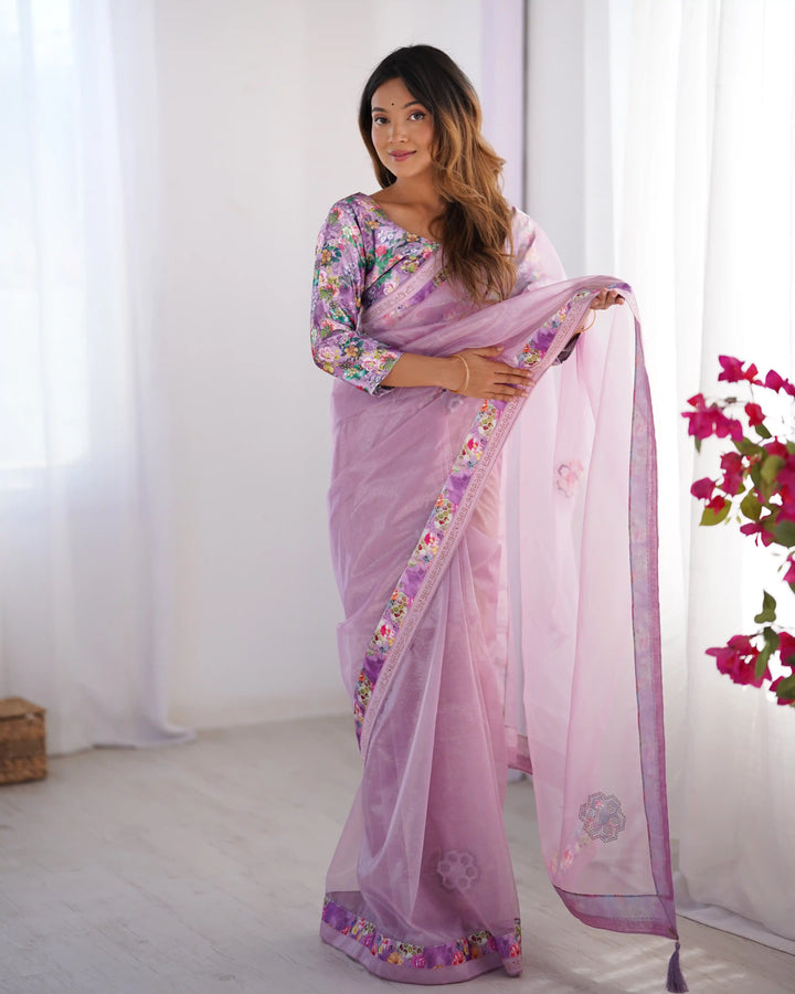 Light Purple Twill Net Designer Saree with Swarovski Work