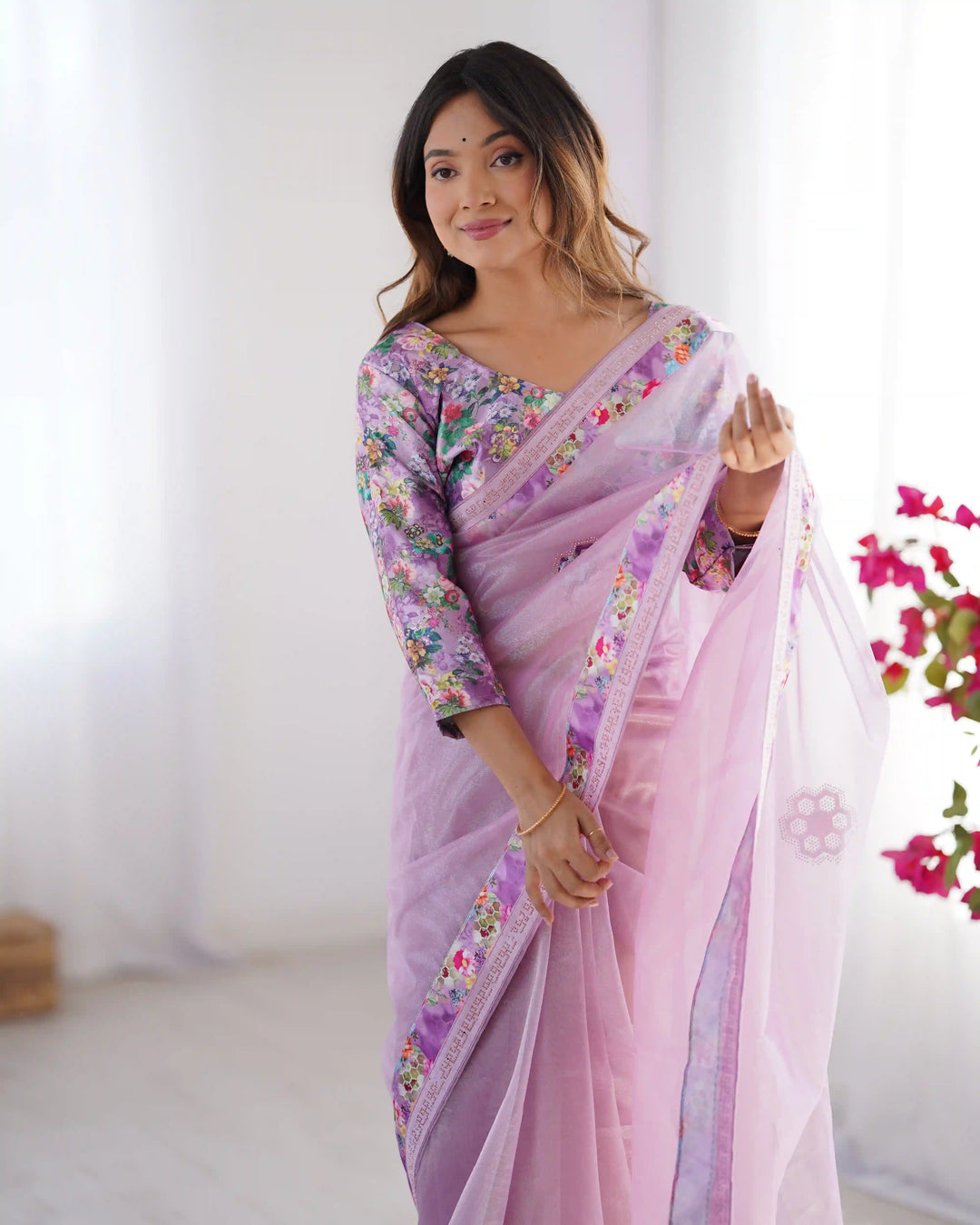 Light Purple Twill Net Designer Saree with Swarovski Work