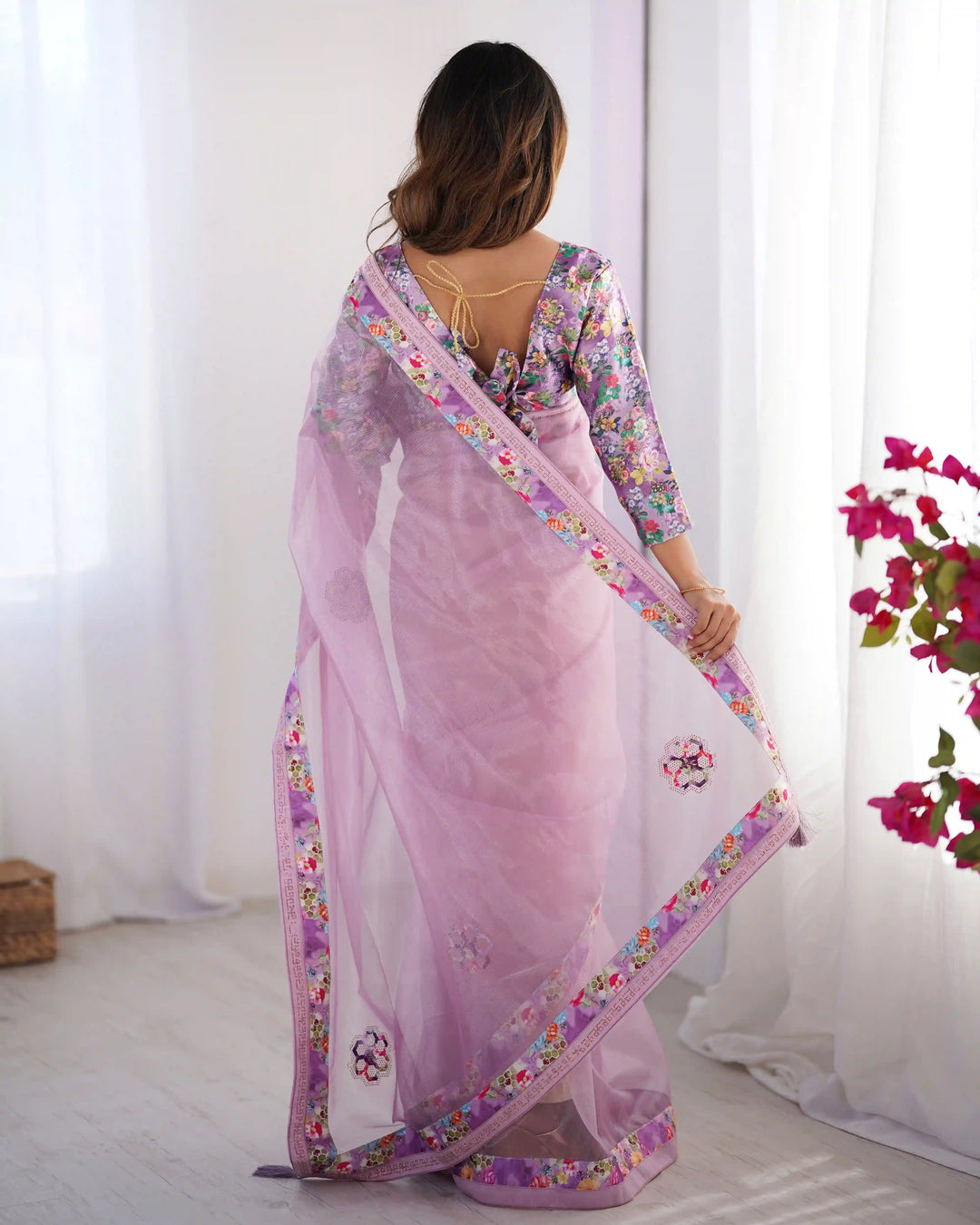 Light Purple Twill Net Designer Saree with Swarovski Work