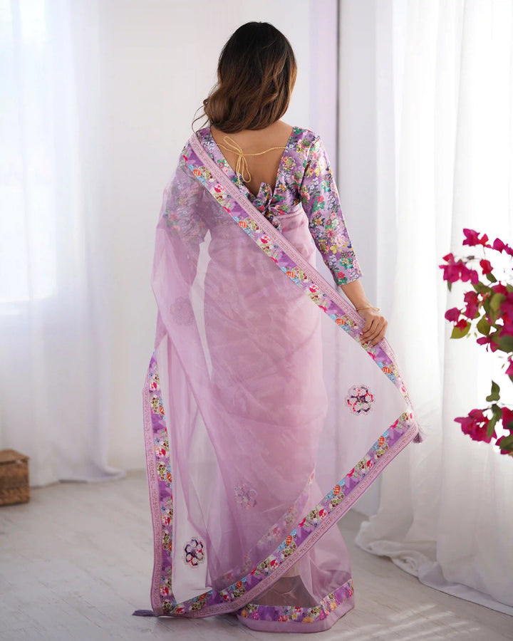 Light Purple Twill Net Designer Saree with Swarovski Work