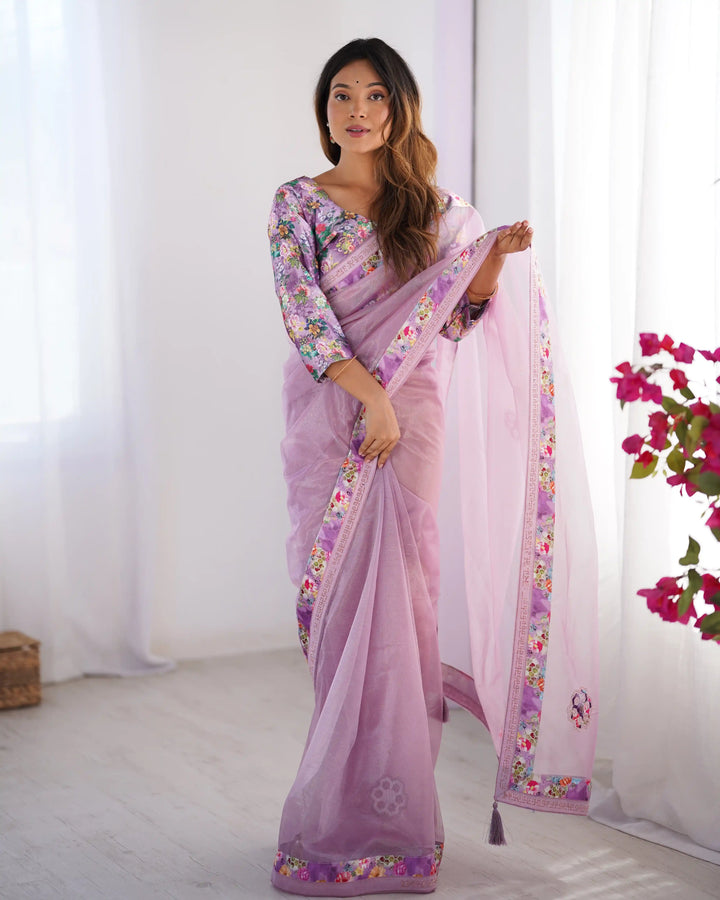Light Purple Twill Net Designer Saree with Swarovski Work