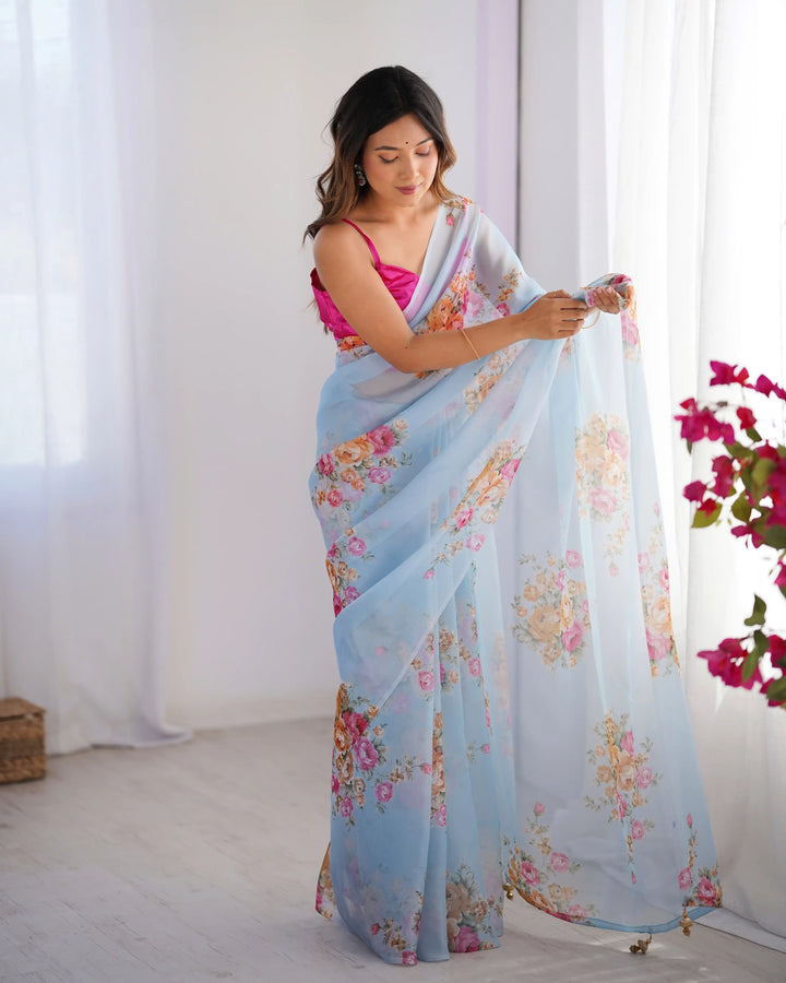 Sky Blue Organza Saree with Art Silk Blouse Designer Party Wear