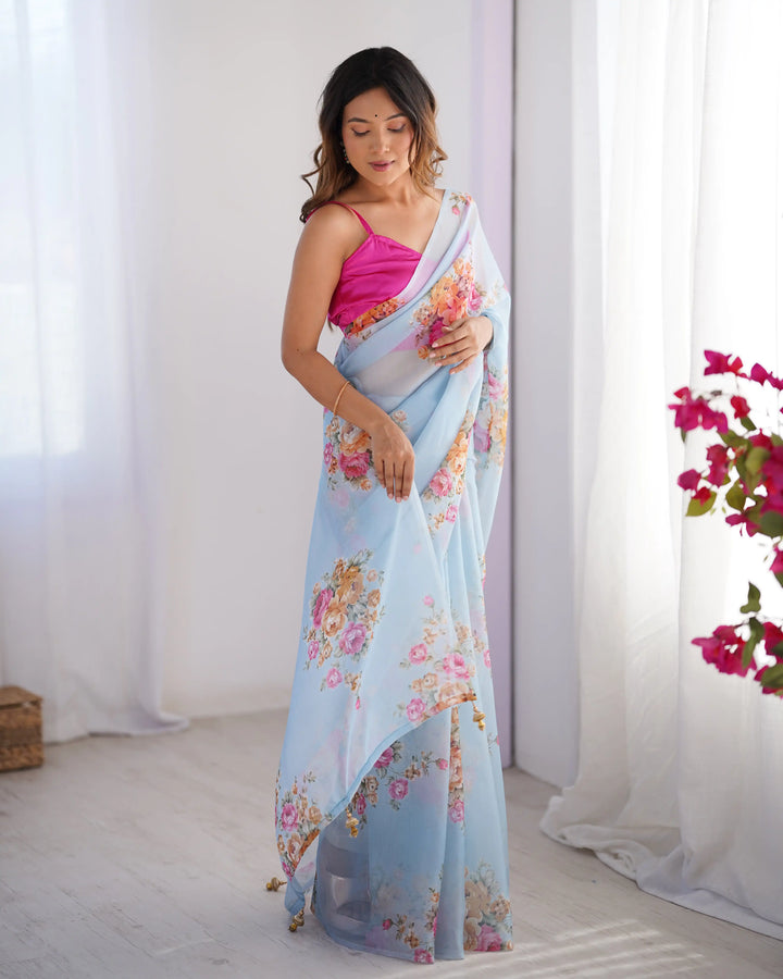 Sky Blue Organza Saree with Art Silk Blouse Designer Party Wear