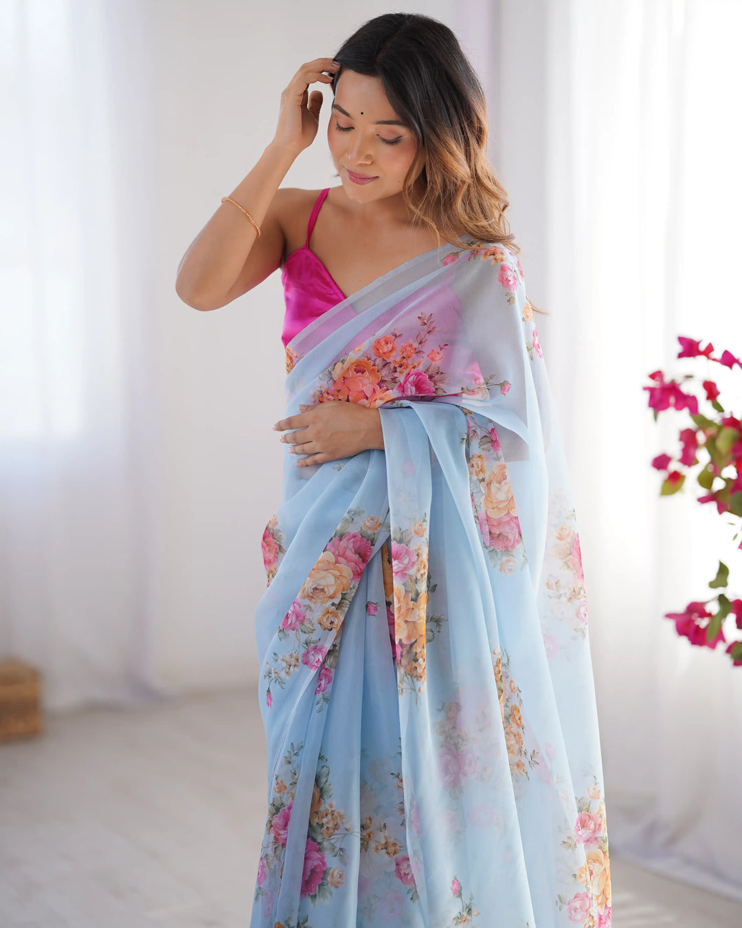 Sky Blue Organza Saree with Art Silk Blouse Designer Party Wear