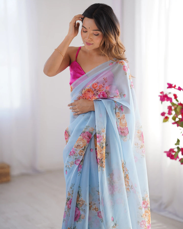 Sky Blue Organza Saree with Art Silk Blouse Designer Party Wear