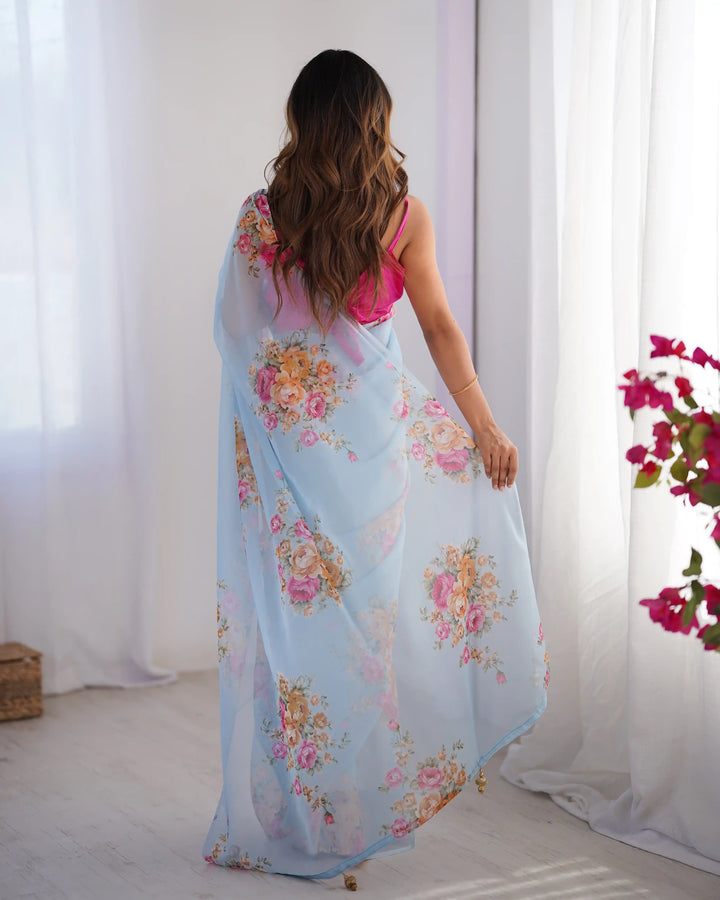 Sky Blue Organza Saree with Art Silk Blouse Designer Party Wear