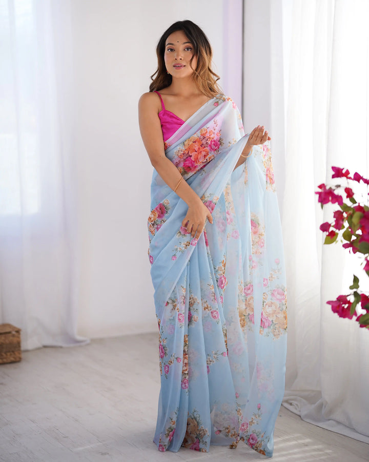 Sky Blue Organza Saree with Art Silk Blouse Designer Party Wear