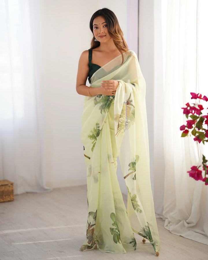 Pista Green Organza Saree with Art Silk Blouse Designer Party Wear