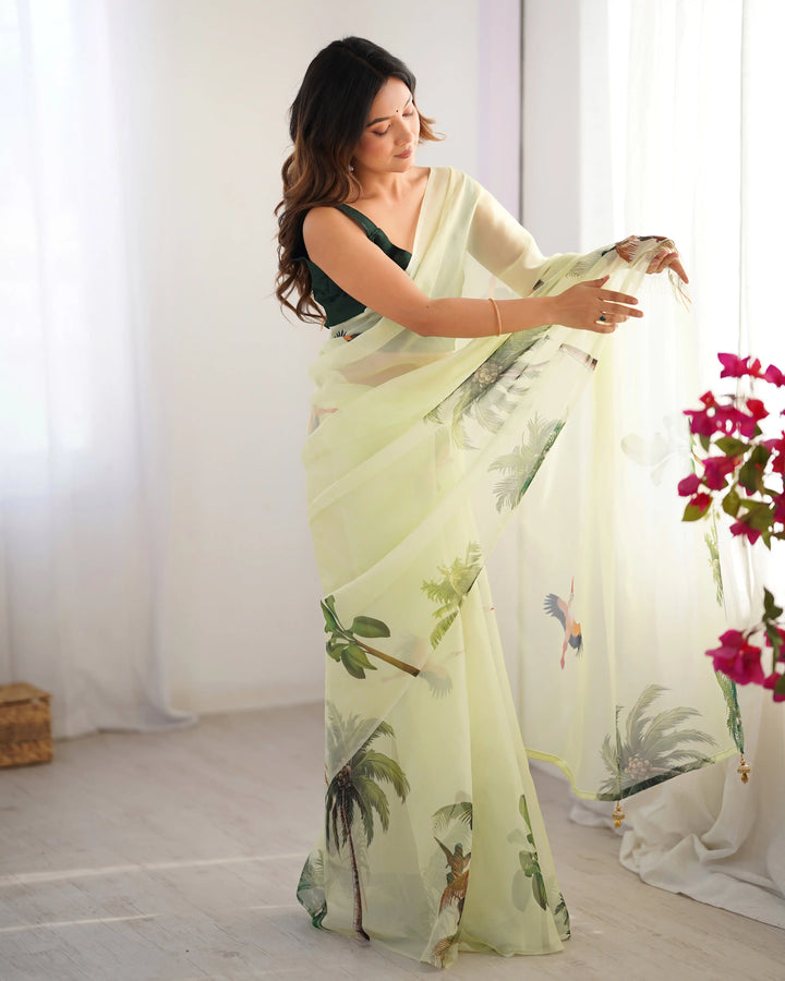 Pista Green Organza Saree with Art Silk Blouse Designer Party Wear