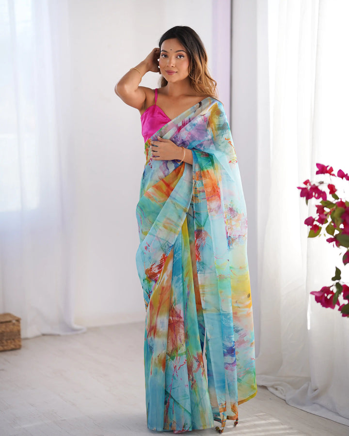 Stylish Multicolor Designer Saree in Organza for Party Wear