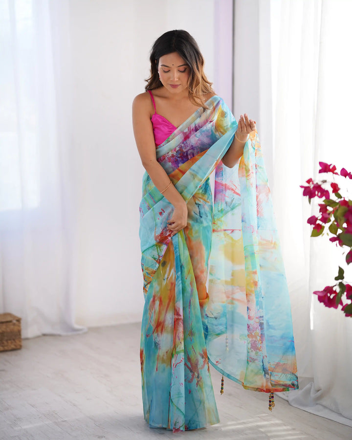 Stylish Multicolor Designer Saree in Organza for Party Wear