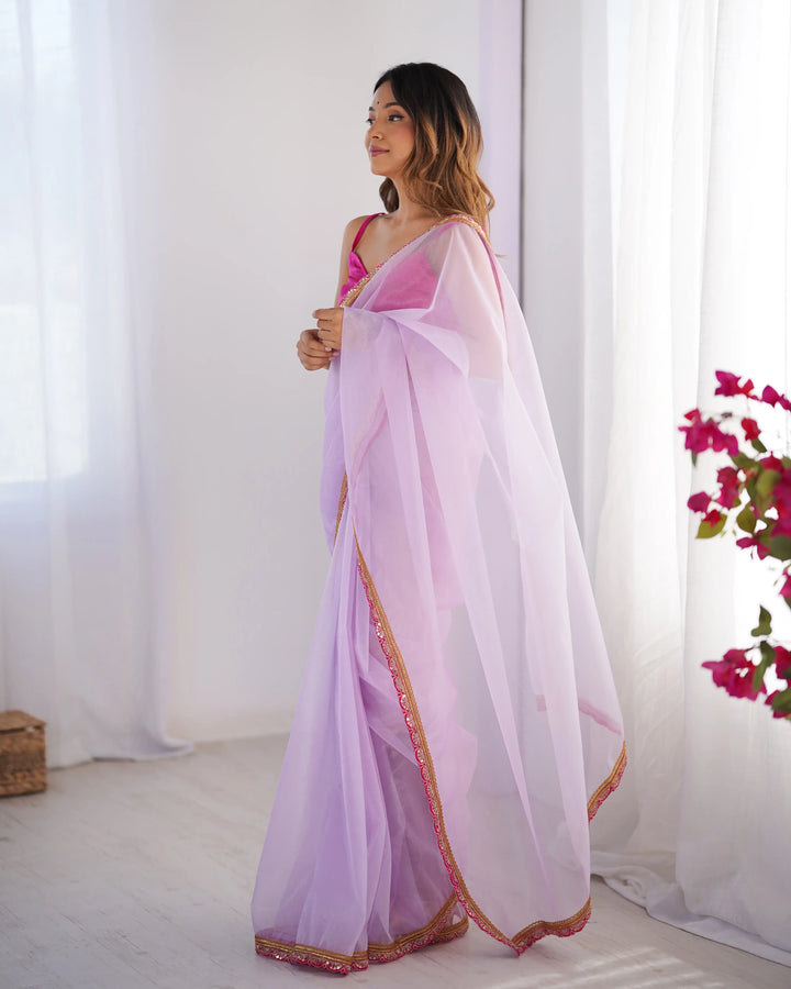 Lavender Twill Net Designer Saree with Art Silk Blouse for Party Wear