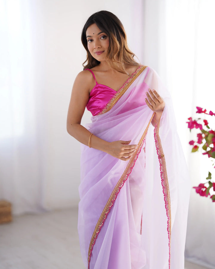 Lavender Twill Net Designer Saree with Art Silk Blouse for Party Wear