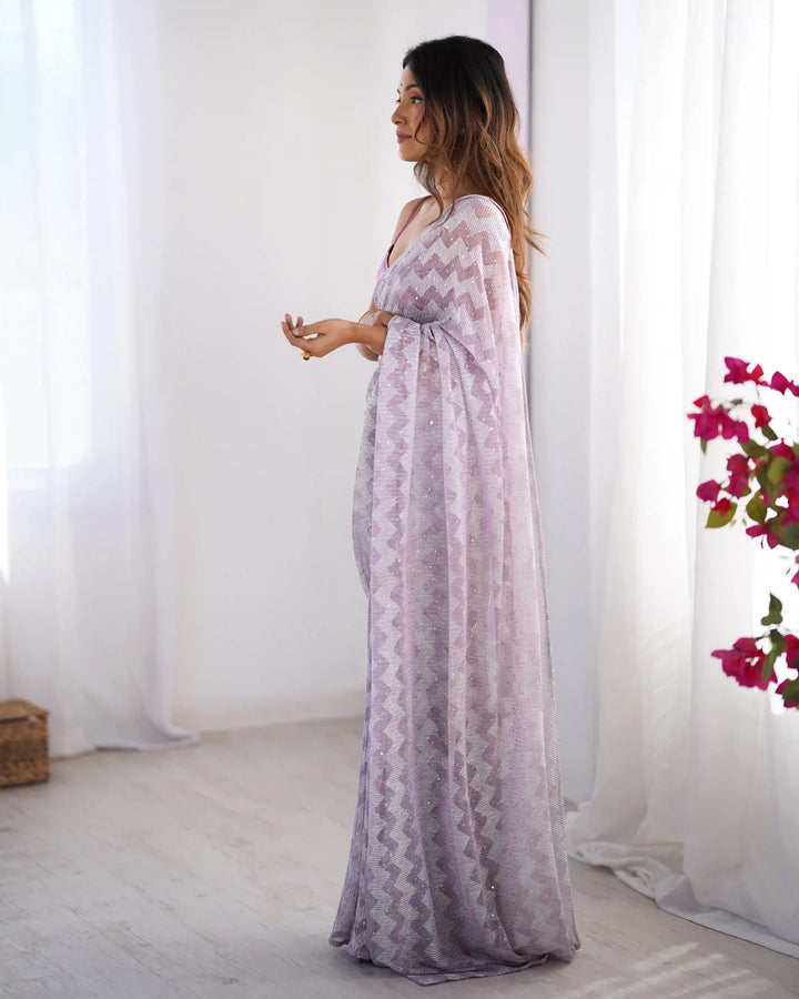 Light Lavender Knitted Saree with Art Silk Blouse for Party Wear