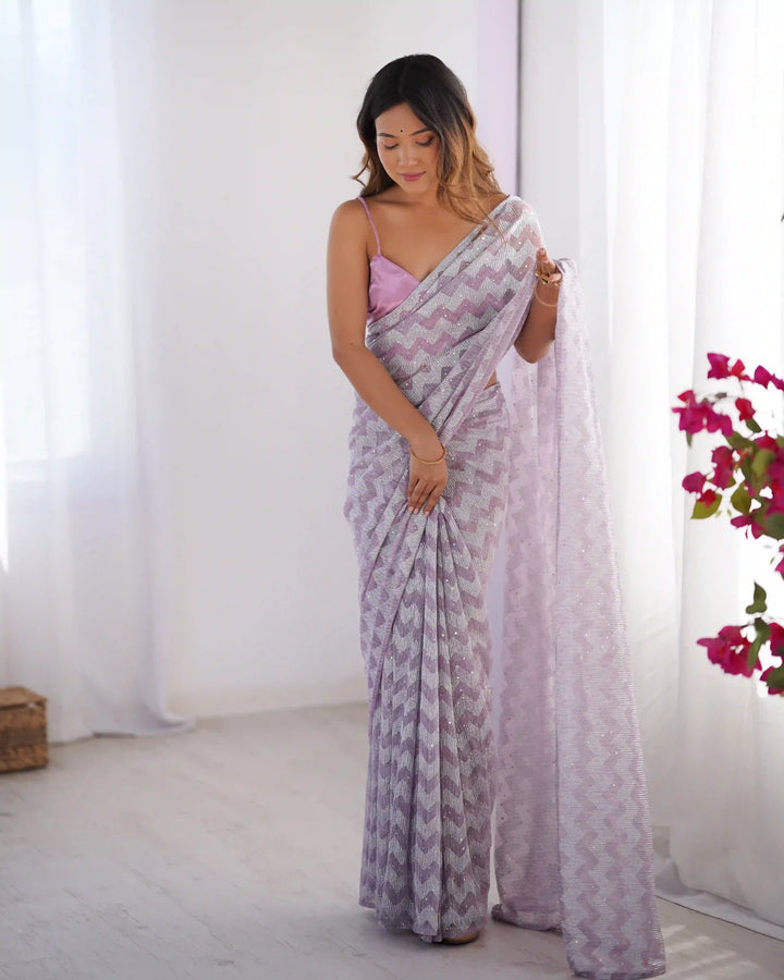 Light Lavender Knitted Saree with Art Silk Blouse for Party Wear