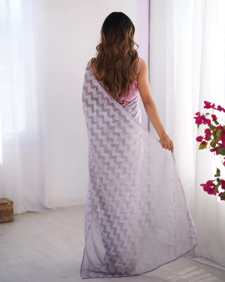 Light Lavender Knitted Saree with Art Silk Blouse for Party Wear