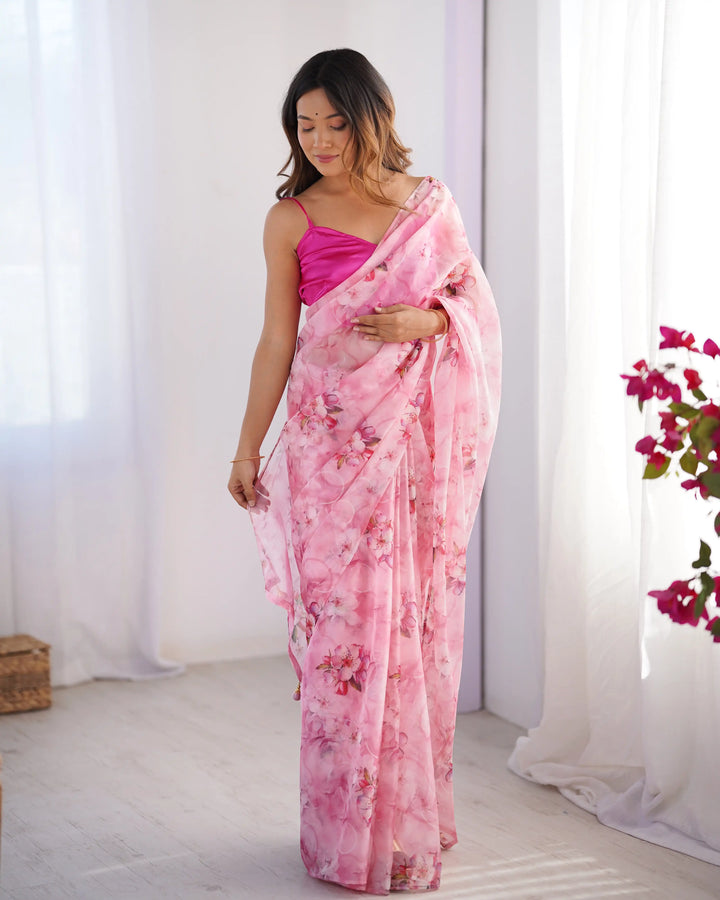 Pink Organza Saree Fancy Printed Saree for Women