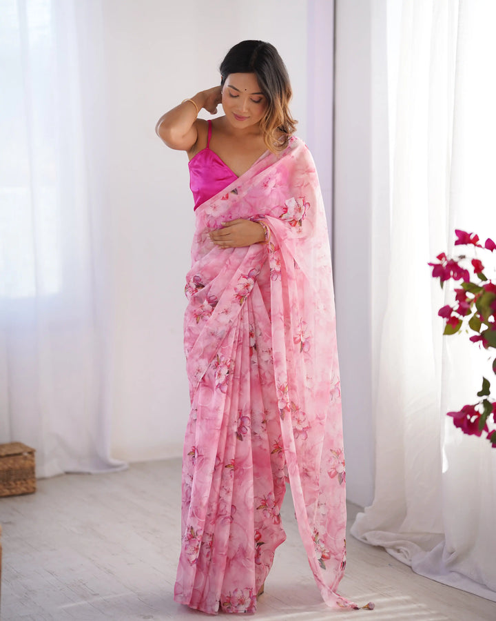 Pink Organza Saree Fancy Printed Saree for Women