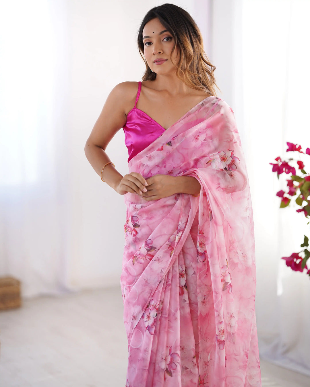 Pink Organza Saree Fancy Printed Saree for Women