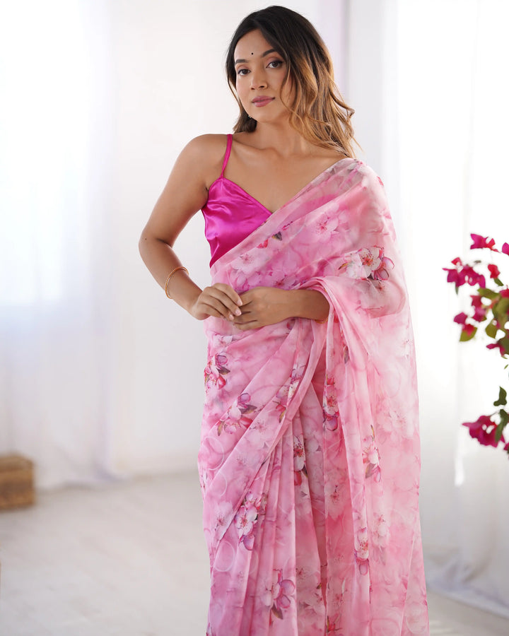 Pink Organza Saree Fancy Printed Saree for Women