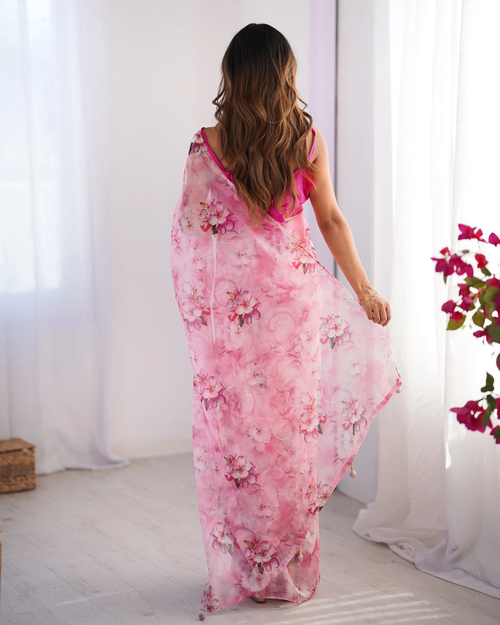 Pink Organza Saree Fancy Printed Saree for Women
