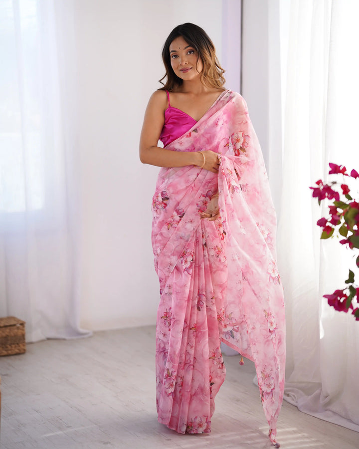 Pink Organza Saree Fancy Printed Saree for Women
