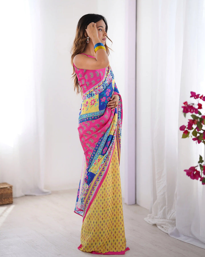 Stylish Multicolor Chinon Saree Fancy Printed Party Wear