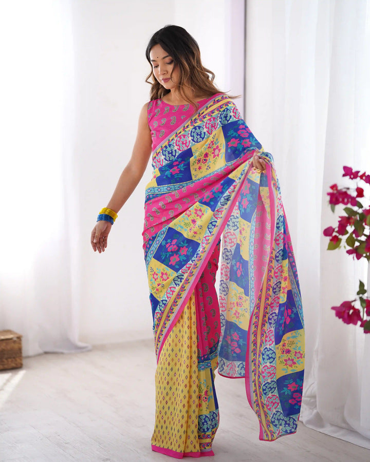 Stylish Multicolor Chinon Saree Fancy Printed Party Wear