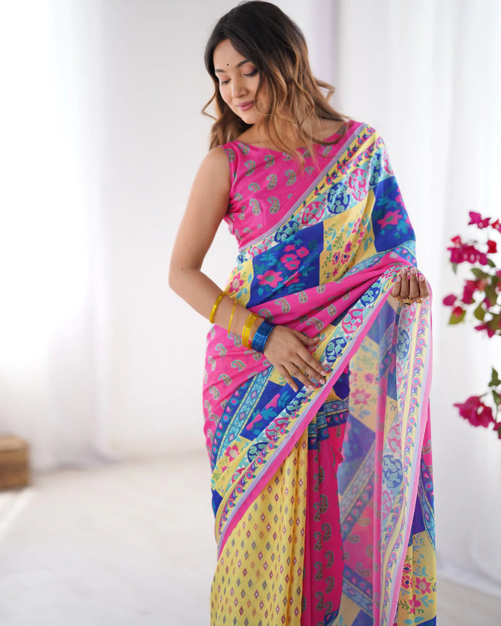 Stylish Multicolor Chinon Saree Fancy Printed Party Wear