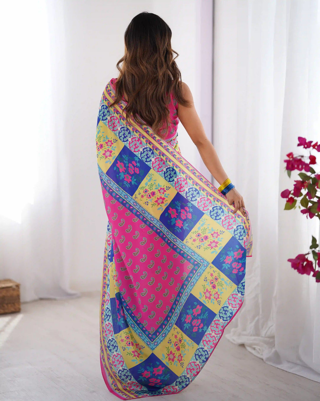 Stylish Multicolor Chinon Saree Fancy Printed Party Wear