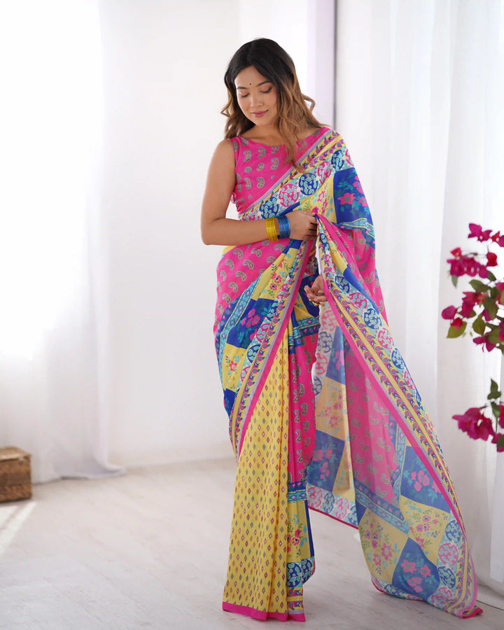 Stylish Multicolor Chinon Saree Fancy Printed Party Wear