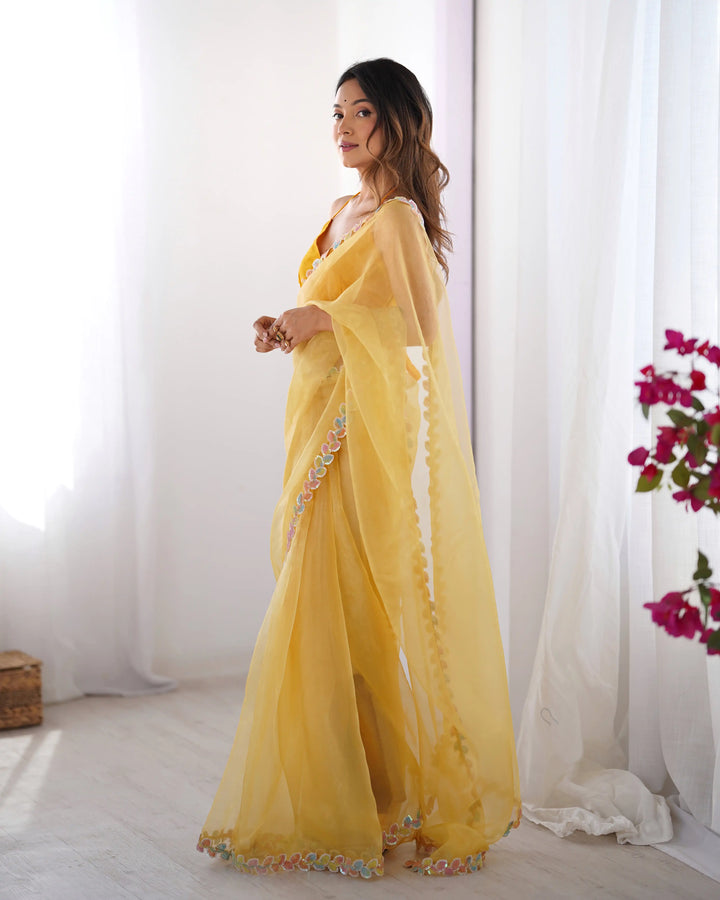 Designer Yellow Lace Work Jimmy Choo Saree for Haldi Wear