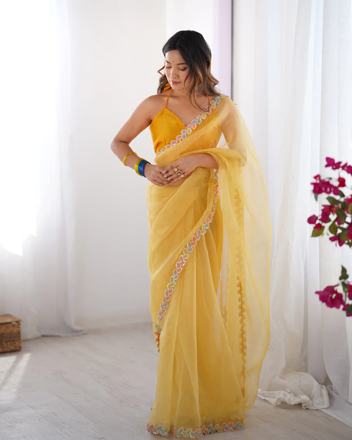 Designer Yellow Lace Work Jimmy Choo Saree for Haldi Wear