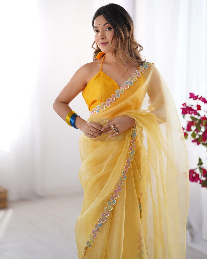 Designer Yellow Lace Work Jimmy Choo Saree for Haldi Wear