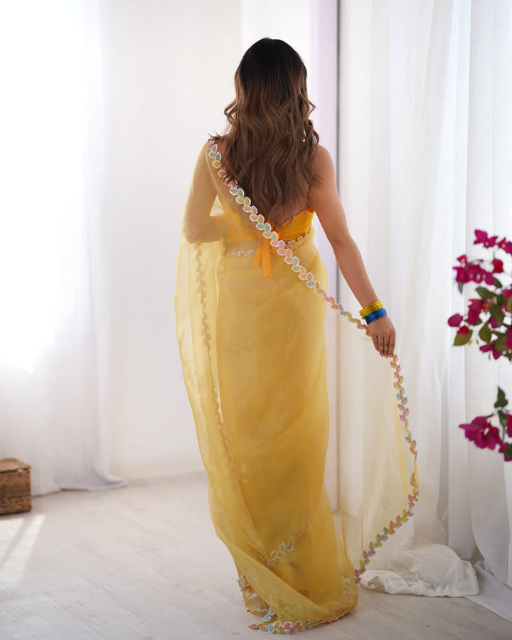 Designer Yellow Lace Work Jimmy Choo Saree for Haldi Wear