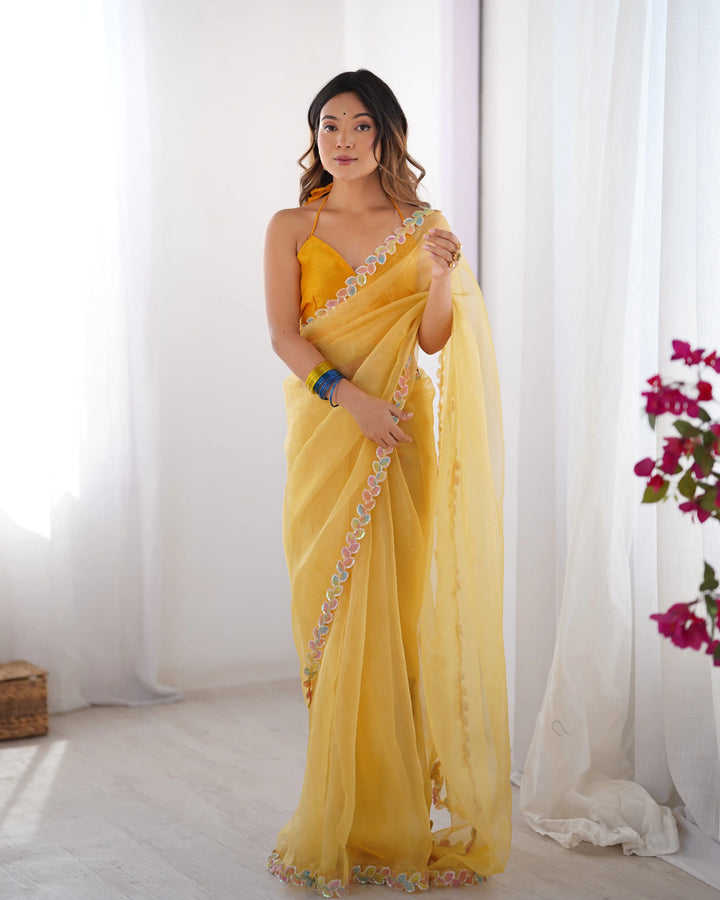 Designer Yellow Lace Work Jimmy Choo Saree for Haldi Wear
