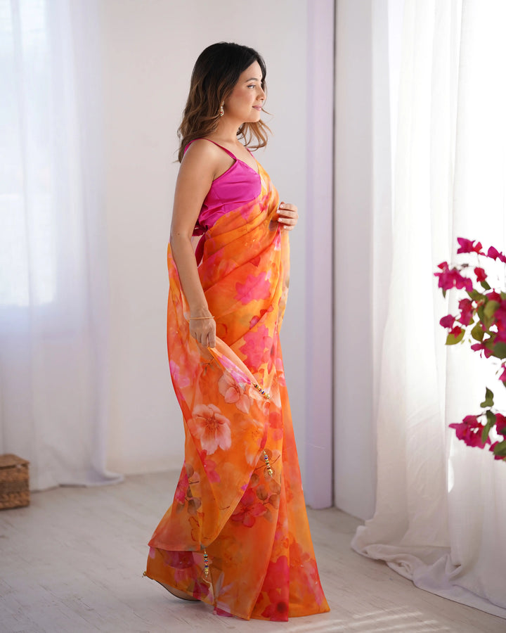 Fancy Orange Printed Saree in Organza Fabric Designer Look Set