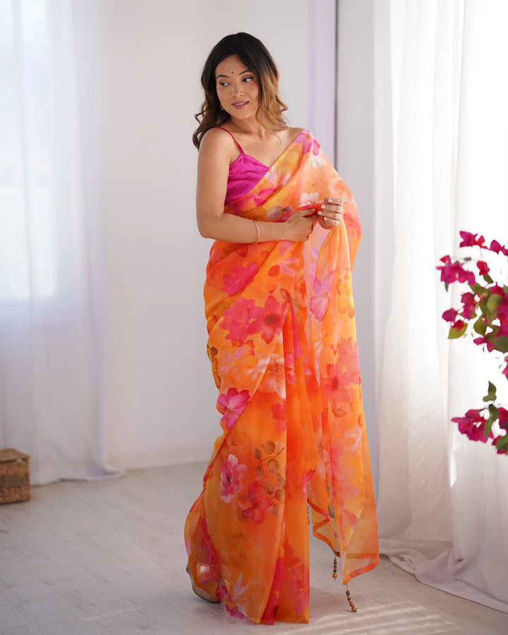 Fancy Orange Printed Saree in Organza Fabric Designer Look Set